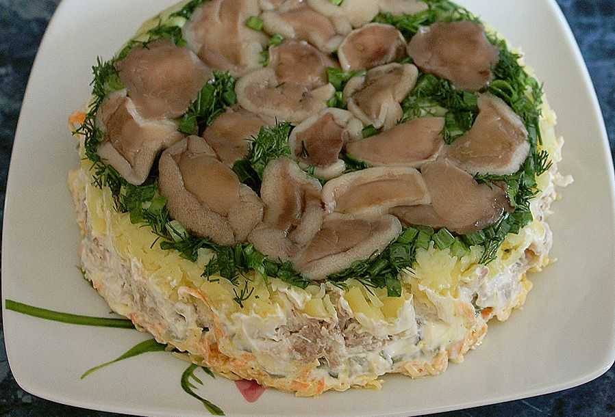 Салат полянка с шампиньонами и курицей слоеный рецепт с фото пошагово в домашних