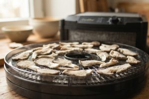 Нарезанные вешенки на поддонах электросушилки